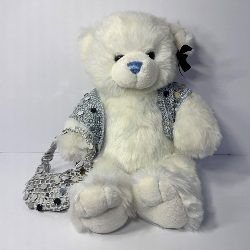 Build-A-Bear Workshop VTG Shaggy Frosted White Blue Teddy Bear w/ Sequin Outfit